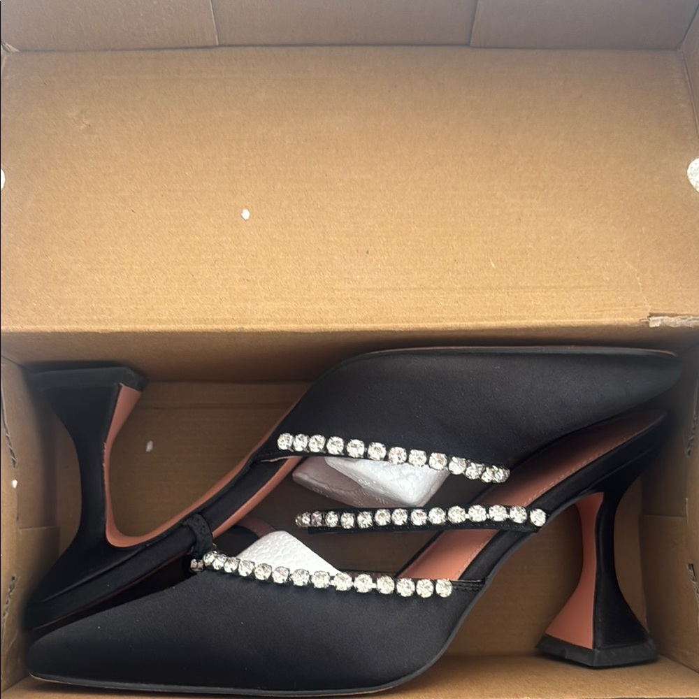 Black Satin Rhinestone Embellished Heels Mules with Sculptural Design